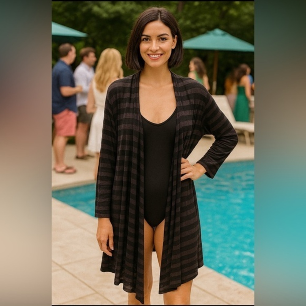 ✅Simons Contemporaine coverup/cardigan w/waterfall fabric front, sheer/striped 🖤